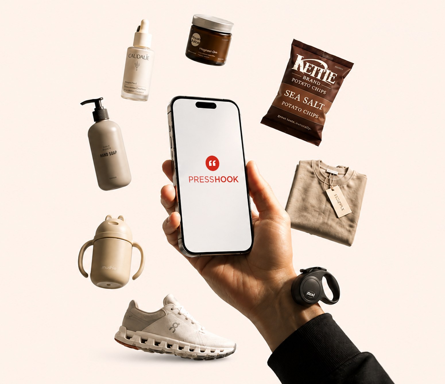 The Press Hook app surrounded by physical products from every category